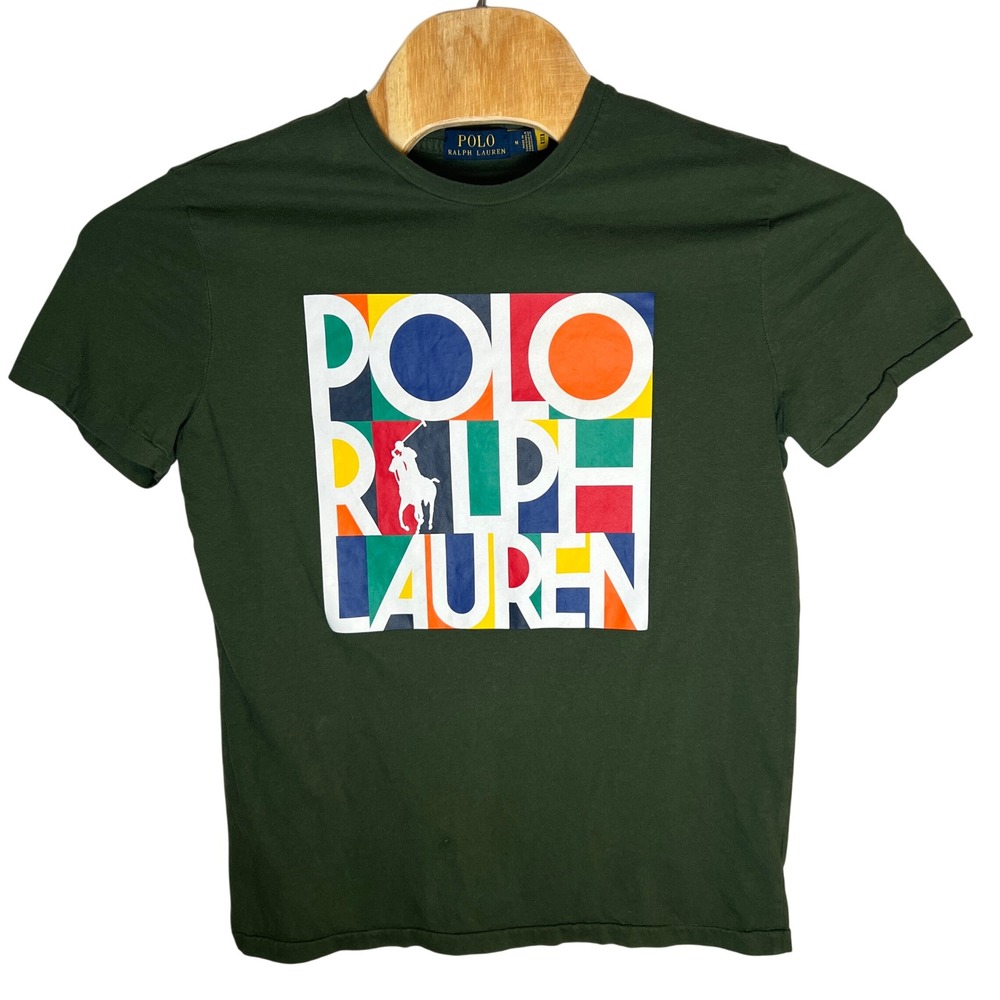 Polo Ralph Lauren T-Shirt Mens M Green Multi Color Block Graphic Logo Tee